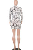 White Polyester Sexy Cap Sleeve Long Sleeves O neck A-Line skirt Print Mesh Patchwork