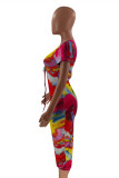 Multi-color Sexy Casual Print Slit V Neck Short Sleeve Dress