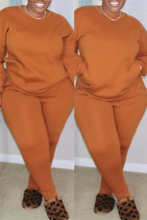 Orange Fashion Casual Solid Basic O Neck Long Sleeve Two Pieces