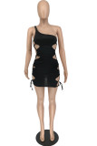 Black Fashion Sexy Solid Hollowed Out Backless Sling Dress
