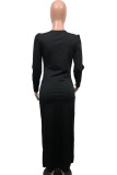Black Polyester Sexy Cap Sleeve Long Sleeves Asymmetrical Collar Asymmetrical Floor-Length Patchwork Solid