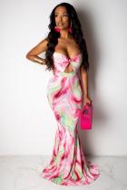 Pink Polyester Sexy Fashion Spaghetti Strap Sleeveless Slip Mermaid Floor-Length backless Bloom asymmetri