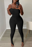 Black Fashion Sexy Solid Sleeveless one shoulder collar Jumpsuits