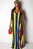 Pink Polyester Fashion Sexy Spaghetti Strap Sleeveless Slip A-Line Floor-Length Print Patchwork Striped