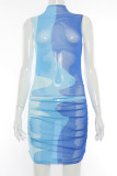 Pink Sexy Patchwork Mesh Printing Turtleneck Sheath Dresses