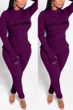Purple Casual Solid Embroidered O Neck Long Sleeve Two Pieces