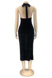 Red Fashion Sexy Solid Hollowed Out Backless Slit Halter Sleeveless Dress