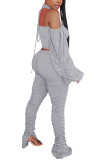 Grey Fashion Daily Adult Solid Bandage Halter Long Sleeve Hubble-Bubble Sleeve Short Two Pieces
