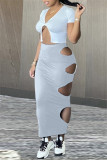 Yellow Fashion Sexy Solid Hollowed Out Asymmetrical V Neck Short Sleeve Two Pieces