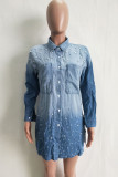 Light Blue Sweet Long Sleeves Turndown Collar Asymmetrical skirt Ombre hole Rivet Beading Dresses