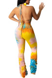 Yellow Milk Silk Fashion Sexy backless Tie Dye asymmetrical Two Piece Suits Straight Sleeveless Two Pieces