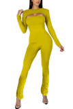 Yellow Fashion Sexy Adult Milk Fiber Solid Split Joint Fold O Neck Long Sleeve Regular Sleeve Short Two Pieces