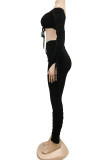 Black Sexy Polyester Solid Split Joint Draw String Fold Strapless Long Sleeve Short Two Pieces