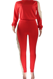 Red Casual Solid Tassel O Neck Long Sleeve Two Pieces