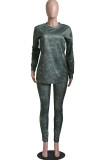 Olive green Fashion Casual Adult Solid Patchwork O Neck Long Sleeve Regular Sleeve Regular Two Pieces