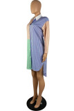 Blue Casual Striped Print Patchwork Turndown Collar Pencil Skirt Dresses