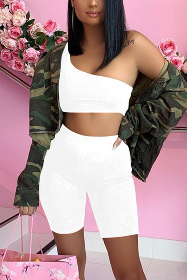 White Fashion Sexy Solid Backless Oblique Collar Sleeveless Two Pieces