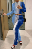 Blue Casual Print Tie-dye Turtleneck Long Sleeve Two Pieces