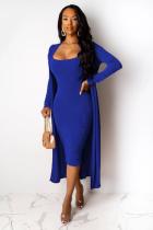 Blue Polyester adult Casual Fashion Two Piece Suits Solid A-line skirt Long Sleeve Two-Piece Dress