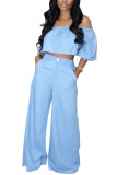 Light Blue Fashion Casual Adult Polyester Solid Split Joint Bateau Neck Half Sleeve Off The Shoulder Short Two Pieces