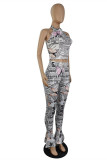 White Fashion Sexy Print Backless Halter Sleeveless Two Pieces