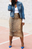Leopard Print Fashion Casual Leopard Printing Regular High Waist Skirt