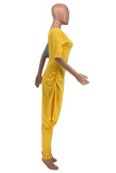 Yellow Fashion Casual Patchwork Backless O Neck Regular Jumpsuits