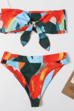 Red Sexy Print Embroidered Split Joint Swimwears