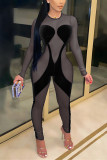 Red Fashion Sexy Patchwork Solid See-through O Neck Skinny Jumpsuits