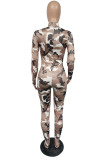 Brown Casual Print Camouflage Print O Neck Regular Jumpsuits
