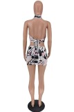 Pink Fashion Sexy Print Backless Halter Sleeveless Two Pieces