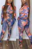Orange Fashion Casual Print Tie-dye Turtleneck Skinny Jumpsuits