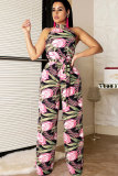 Pink Polyester Sexy Casual backless Patchwork bow-knot Print Loose Two-piece Pants Set