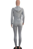 Grey Fashion Sportswear Adult Polyester Solid Draw String Hooded Collar Long Sleeve Regular Sleeve Regular Two Pieces