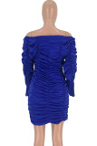 Navy Blue Sexy Bubble sleeves Long Sleeves V Neck Asymmetrical Knee-Length asymmetrical Solid Patchw