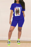Blue Casual Patchwork Print Straight Short Sleeve Two Pieces