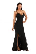 Black Polyester Fashion adult Sexy Spaghetti Strap Sleeveless V Neck Slim Dress Ankle-Length Patchwork spl