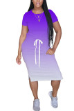 purple Polyester Fashion Street Red Black Blue Green Orange Yellow rose red purple Cap Sleeve Short Sleeves O neck Step Skirt Mid-Calf Ombre Solid Dresses