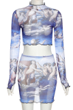 Blue Sexy Print See-through Half A Turtleneck Long Sleeve Two Pieces