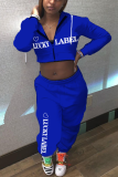 Blue Sportswear Print Letter Hooded Collar Long Sleeve Two Pieces