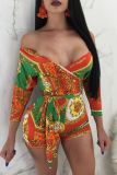 Yellow Sexy Print Patchwork With Belt Bateau Neck Skinny Rompers