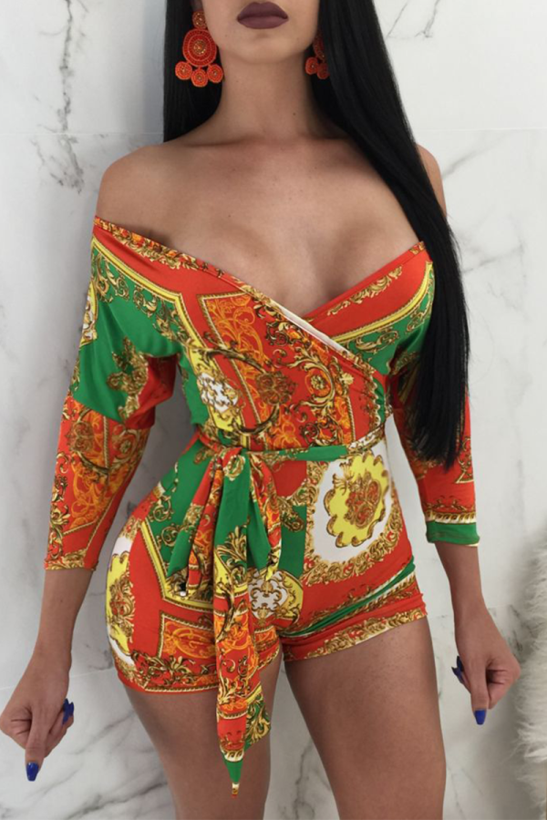 Orange Sexy Print Patchwork With Belt Bateau Neck Skinny Rompers