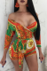 Orange Sexy Print Patchwork With Belt Bateau Neck Skinny Rompers