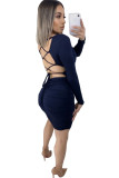 Navy Blue Milk. Sexy Cap Sleeve Long Sleeves O neck Step Skirt skirt backless Solid Draped