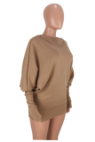 Khaki Casual Solid Patchwork O Neck Tops