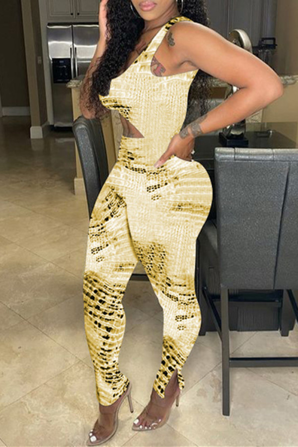 Brown Fashion Sexy Print Hollowed Out U Neck Skinny Jumpsuits