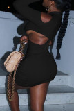 Black Casual Solid Asymmetrical Asymmetrical Collar Wrapped Skirt Dresses