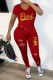 Red Fashion Casual Letter Print Ripped V Neck Short Sleeve Two Pieces