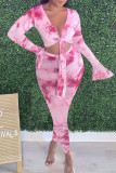 Pink Sexy Daily Print Tie-dye V Neck Long Sleeve Two Pieces