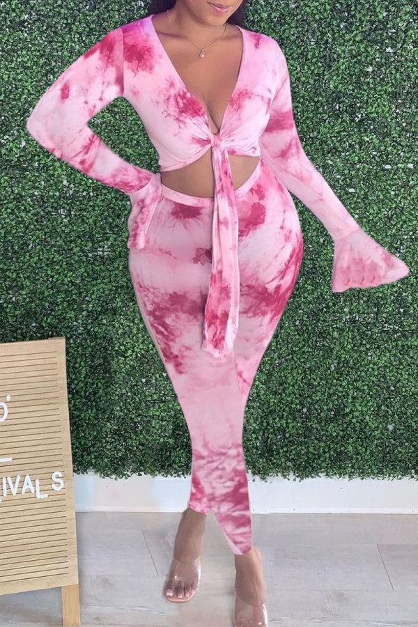 Pink Sexy Daily Print Tie-dye V Neck Long Sleeve Two Pieces